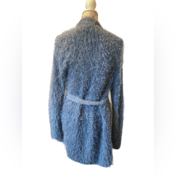 Authentic Anthropologie Belted Cardigan Furry Oversized Ice Blue Metallic - Picture 5 of 5